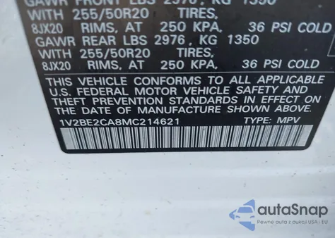 2021 Volkswagen Atlas Cross Sport 3.6L V6 Sel z USA, uszkodzony, nr VIN 1V2BE2CA8MC214621